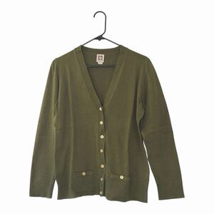 Anne Klein Womens L Cardigan Army Green Gold Button Sweater Cotton Professional